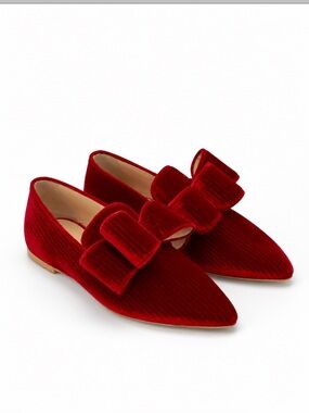 NWB Polly Plume Joy 70’s Red Velvet Bow Pointed Toe Ballet Flats Shoes EU39 US 9
